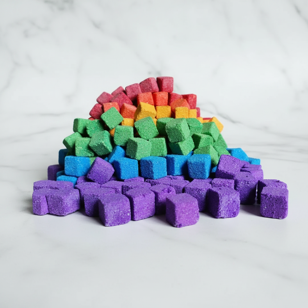Stepped rainbow heap of bath-bomb embeds