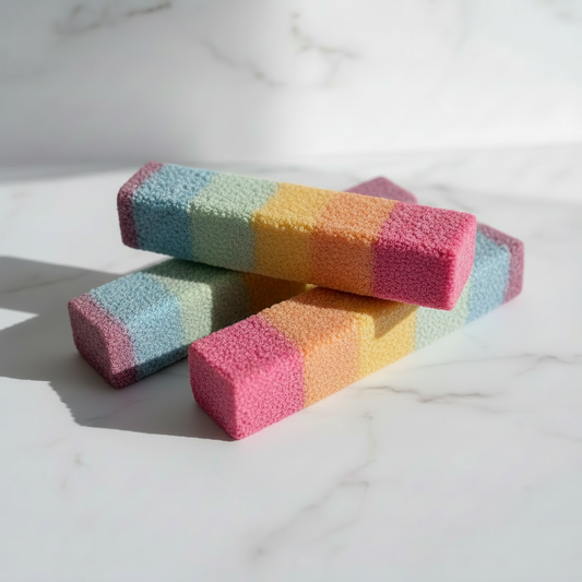 Bright rainbow layered bath bars on marble