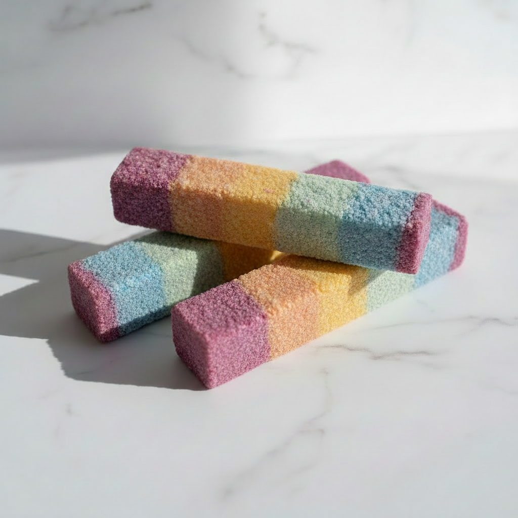 Two angled layered bath bars on marble