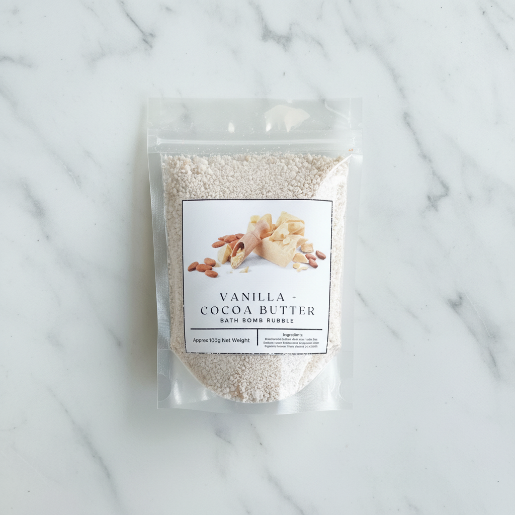 Vanilla and Cocoa Butter pouch with preserved contents